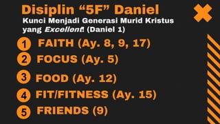 Kunci Menjadi Generasi Murid Kristus
yang Excellent! (Daniel 1)
FAITH (Ay. 8, 9, 17)
FOCUS (Ay. 5)
FOOD (Ay. 12)
Disiplin “5F” Daniel
FIT/FITNESS (Ay. 15)
FRIENDS (9)
2
3
4
5
1
 