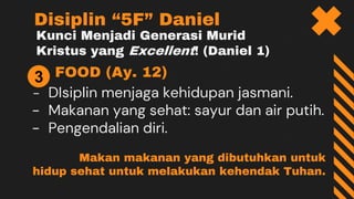 Kunci Menjadi Generasi Murid
Kristus yang Excellent! (Daniel 1)
FOOD (Ay. 12)
- DIsiplin menjaga kehidupan jasmani.
- Makanan yang sehat: sayur dan air putih.
- Pengendalian diri.
Disiplin “5F” Daniel
3
Makan makanan yang dibutuhkan untuk
hidup sehat untuk melakukan kehendak Tuhan.
 