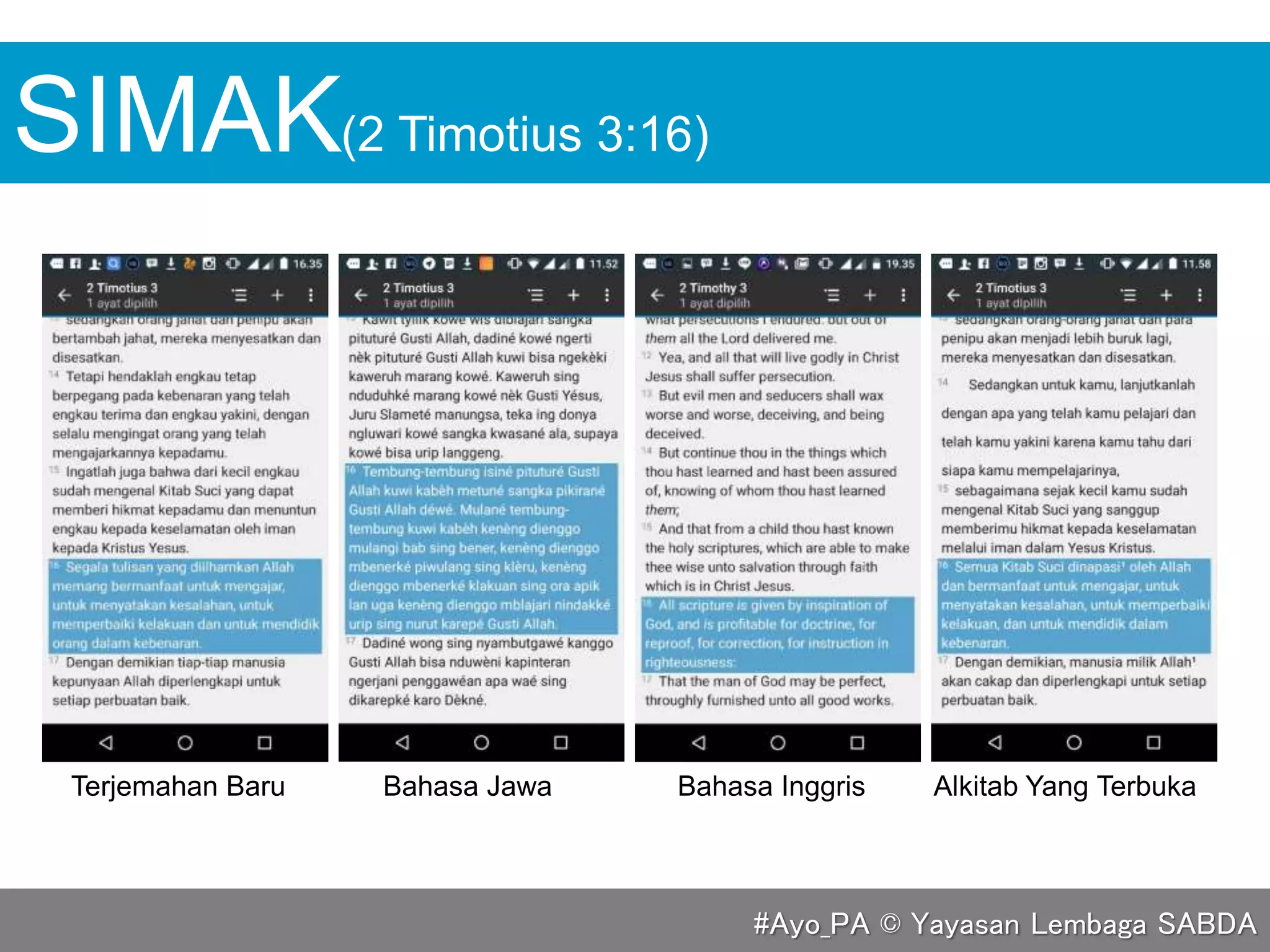 SIMAK
Terjemahan Baru Bahasa Jawa Bahasa Inggris Alkitab Yang Terbuka
(2 Timotius 3:16)
#Ayo_PA © Yayasan Lembaga SABDA
 