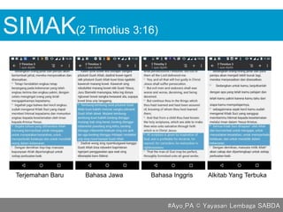 SIMAK
Terjemahan Baru Bahasa Jawa Bahasa Inggris Alkitab Yang Terbuka
(2 Timotius 3:16)
#Ayo_PA © Yayasan Lembaga SABDA
 