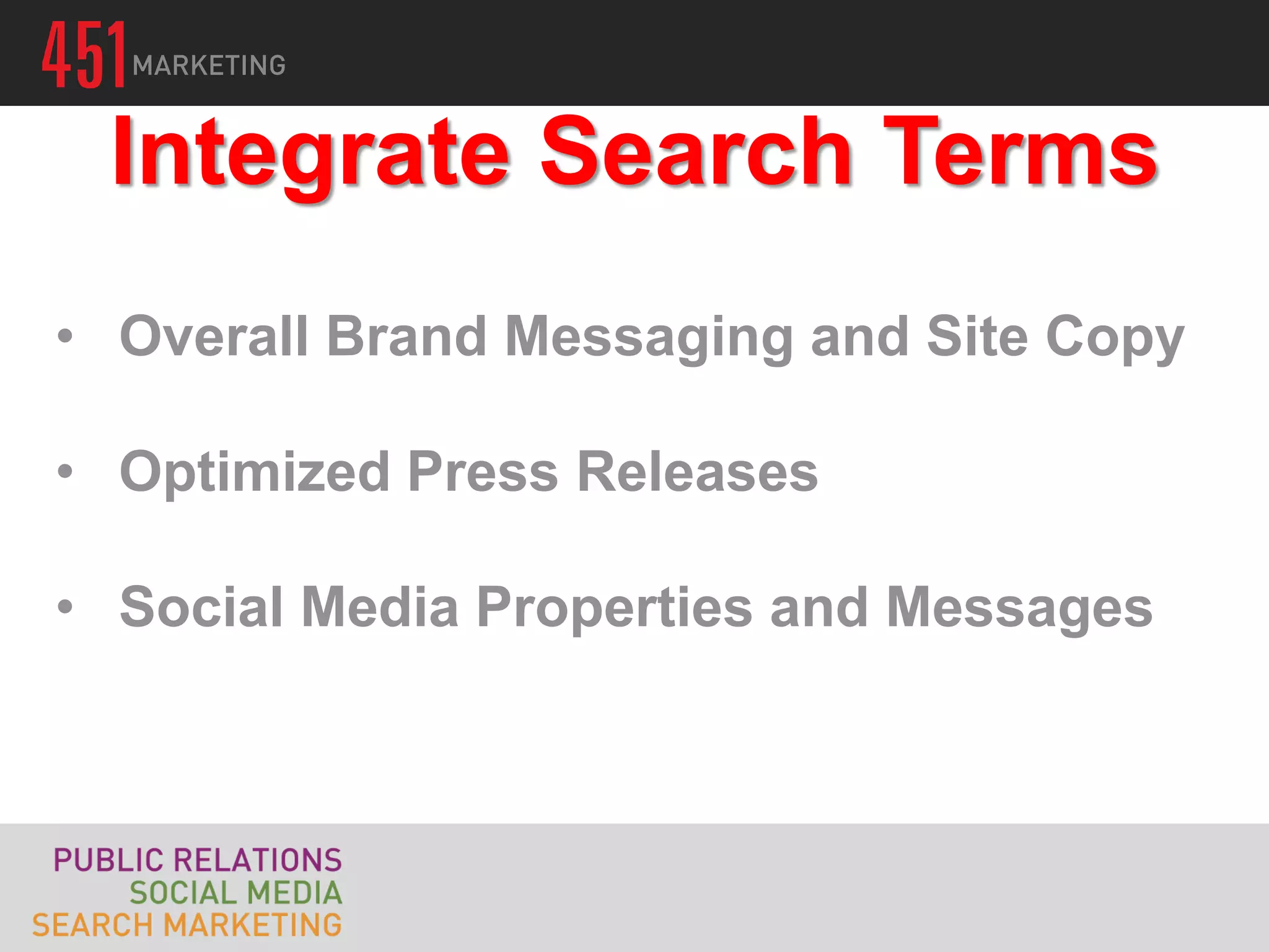Integrate Search Terms
• Overall Brand Messaging and Site Copy

• Optimized Press Releases

• Social Media Properties and Messages
 