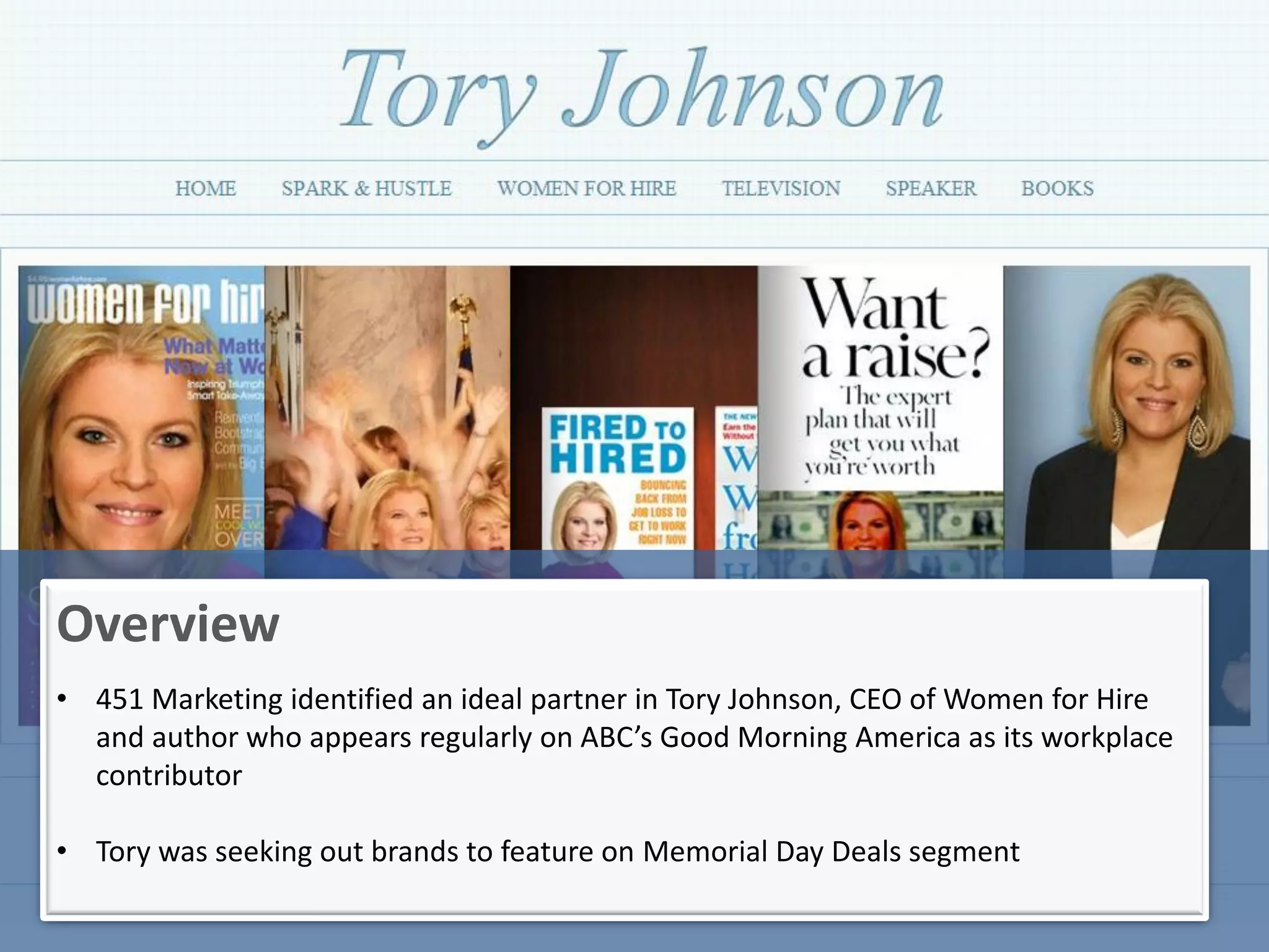 Overview
• 451 Marketing identified an ideal partner in Tory Johnson, CEO of Women for Hire
  and author who appears regularly on ABC’s Good Morning America as its workplace
  contributor

• Tory was seeking out brands to feature on Memorial Day Deals segment
 