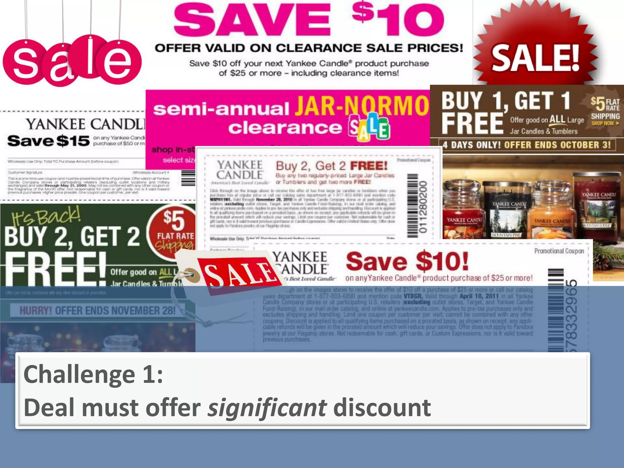 Challenge 1:
Deal must offer significant discount
 