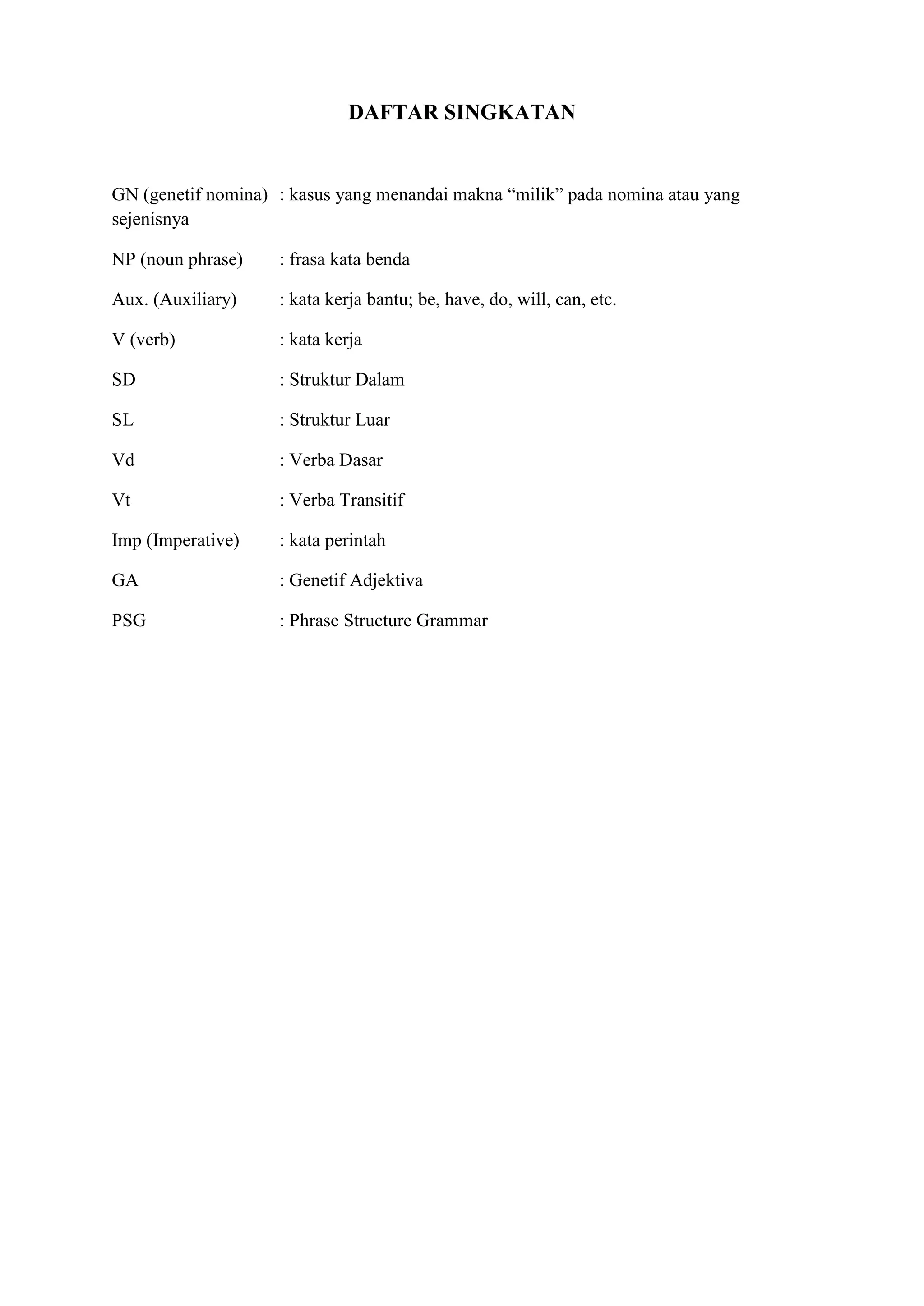 DAFTAR SINGKATAN


GN (genetif nomina) : kasus yang menandai makna “milik” pada nomina atau yang
sejenisnya

NP (noun phrase)    : frasa kata benda

Aux. (Auxiliary)    : kata kerja bantu; be, have, do, will, can, etc.

V (verb)            : kata kerja

SD                  : Struktur Dalam

SL                  : Struktur Luar

Vd                  : Verba Dasar

Vt                  : Verba Transitif

Imp (Imperative)    : kata perintah

GA                  : Genetif Adjektiva

PSG                 : Phrase Structure Grammar
 