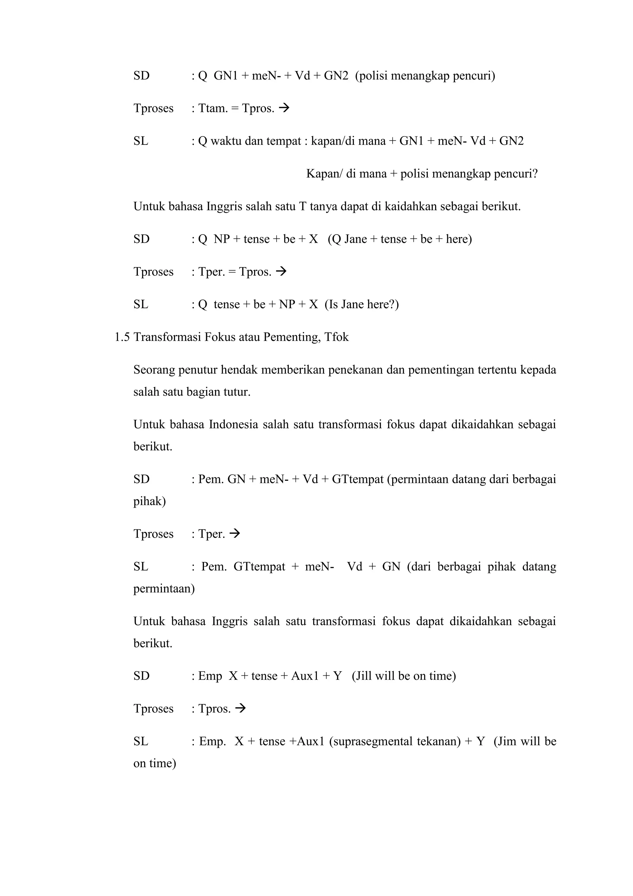 SD         : Q GN1 + meN- + Vd + GN2 (polisi menangkap pencuri)

   Tproses    : Ttam. = Tpros. 

   SL         : Q waktu dan tempat : kapan/di mana + GN1 + meN- Vd + GN2

                                    Kapan/ di mana + polisi menangkap pencuri?

   Untuk bahasa Inggris salah satu T tanya dapat di kaidahkan sebagai berikut.

   SD         : Q NP + tense + be + X (Q Jane + tense + be + here)

   Tproses    : Tper. = Tpros. 

   SL         : Q tense + be + NP + X (Is Jane here?)

1.5 Transformasi Fokus atau Pementing, Tfok

   Seorang penutur hendak memberikan penekanan dan pementingan tertentu kepada
   salah satu bagian tutur.

   Untuk bahasa Indonesia salah satu transformasi fokus dapat dikaidahkan sebagai
   berikut.

   SD         : Pem. GN + meN- + Vd + GTtempat (permintaan datang dari berbagai
   pihak)

   Tproses    : Tper. 

   SL         : Pem. GTtempat + meN- Vd + GN (dari berbagai pihak datang
   permintaan)

   Untuk bahasa Inggris salah satu transformasi fokus dapat dikaidahkan sebagai
   berikut.

   SD         : Emp X + tense + Aux1 + Y (Jill will be on time)

   Tproses    : Tpros. 

   SL         : Emp. X + tense +Aux1 (suprasegmental tekanan) + Y (Jim will be
   on time)
 