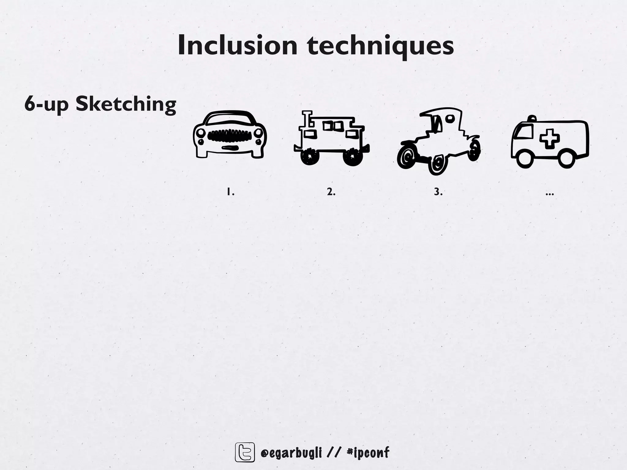 Inclusion techniques
6-up Sketching


                    1.             2.            3.   ...




                         @egarbugli // #ipconf
 