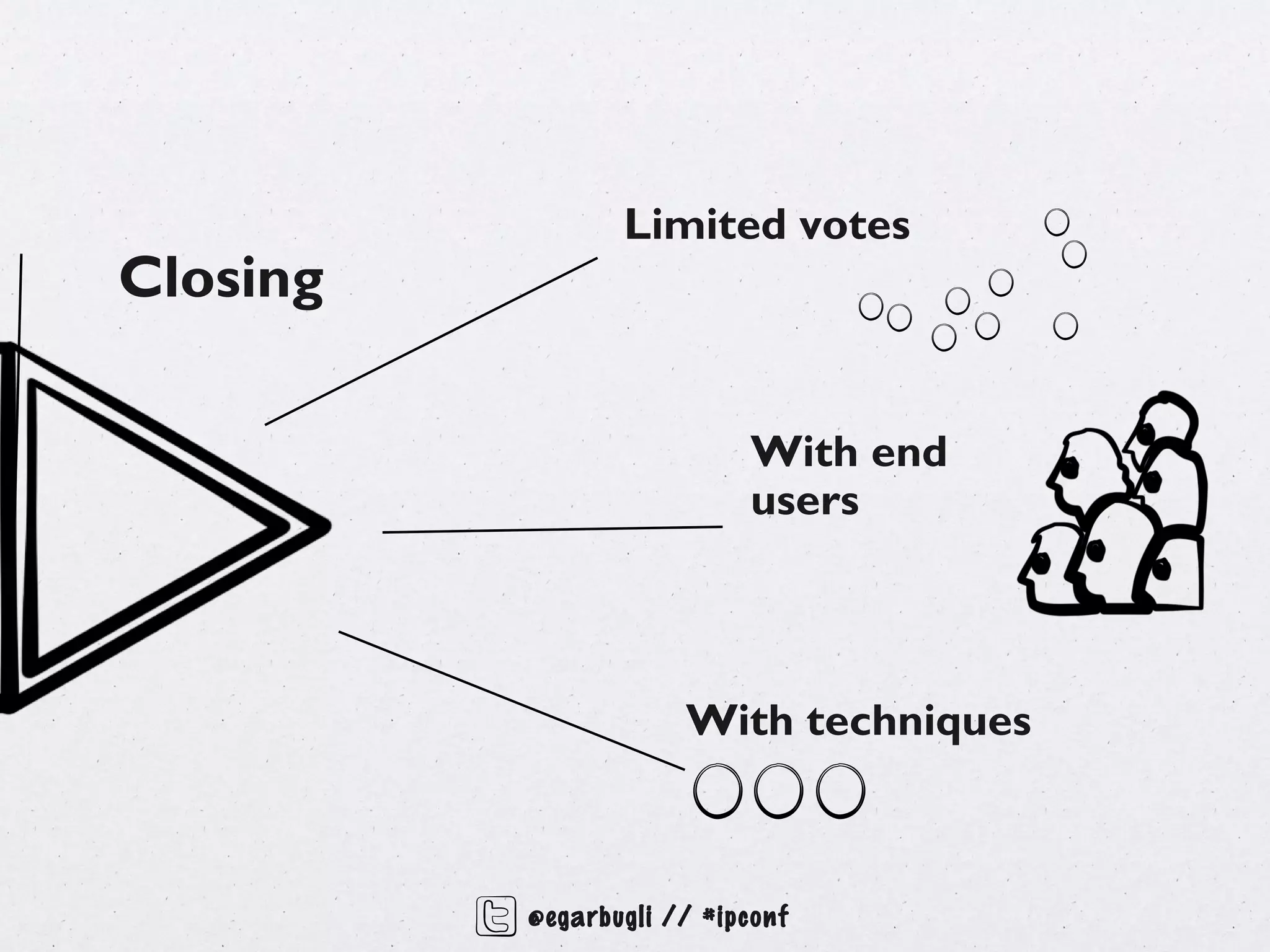 Limited votes
Closing

                            With end
                            users



                      With techniques



          @egarbugli // #ipconf
 