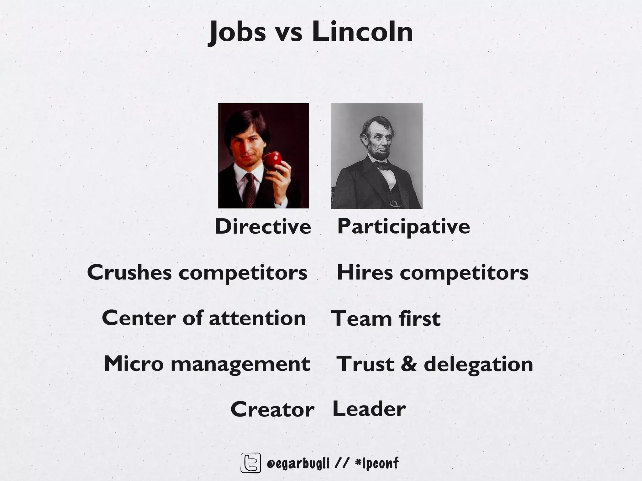 Jobs vs Lincoln




           Directive       Participative

Crushes competitors        Hires competitors

 Center of attention      Team first

 Micro management          Trust & delegation

            Creator Leader

                @egarbugli // #ipconf
 