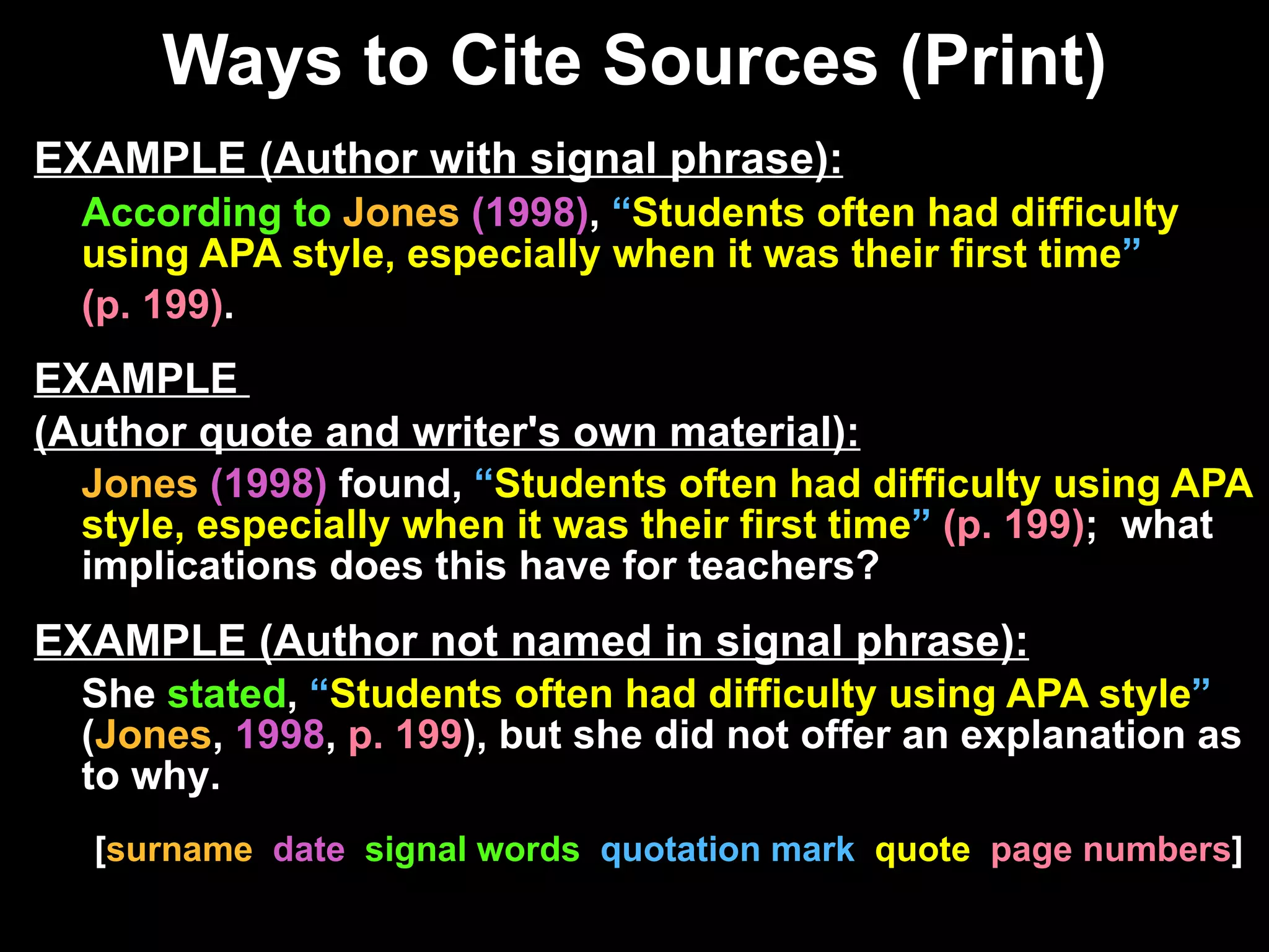 Ways to Cite Sources (Print) EXAMPLE (Author with signal phrase): According to  Jones   ( 1998 ) ,  “ Students often had difficulty using APA style, especially when it was their first time ”   (p. 199) .  EXAMPLE  (Author quote and writer's own material): Jones   ( 1998 )  found,  “ Students often had difficulty using APA style, especially when it was their first time ”   (p. 199) ;  what implications does this have for teachers? EXAMPLE (Author not named in signal phrase): She  stated ,  “ Students often had difficulty using APA style ”   ( Jones ,  1998 ,   p. 199 ), but she did not offer an explanation as to why .  [ surname  date   signal words  quotation mark  quote  page numbers ] 