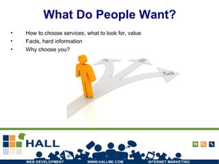 How to choose services, what to look for, value Facts, hard information Why choose you? What Do People Want? 