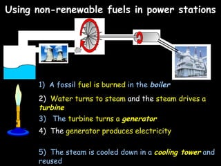 Using non-renewable fuels in power stations 1)  A fossil  fuel is burned  in the  boiler 2)  Water turns to steam  and the  steam drives a  turbine 3)  The  turbine turns a  generator 4)  The  generator produces electricity  5)  The steam is cooled down in a  cooling tower   and reused 