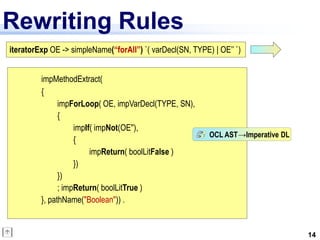 Rewriting Rules
iteratorExp OE -> simpleName(“forAll”) `( varDecl(SN, TYPE) | OE’’ `)


         impMethodExtract(
         {
               impForLoop( OE, impVarDecl(TYPE, SN),
               {
                    impIf( impNot(OE''),
                                                           OCL AST→Imperative DL
                    {
                         impReturn( boolLitFalse )
                    })
               })
               ; impReturn( boolLitTrue )
         }, pathName("Boolean")) .


                                                                                   14
 