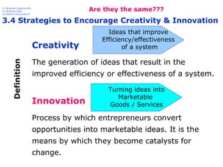 Are they the same???

3.1 Business Opportunity
3.2 Business idea
3.3 What is Innovation?

3.4 Strategies to Encourage Creativity & Innovation

Definition

Creativity

Ideas that improve
Efficiency/effectiveness
of a system

The generation of ideas that result in the
improved efficiency or effectiveness of a system.

Innovation

Turning ideas into
Marketable
Goods / Services

Process by which entrepreneurs convert
opportunities into marketable ideas. It is the
means by which they become catalysts for
change.

 