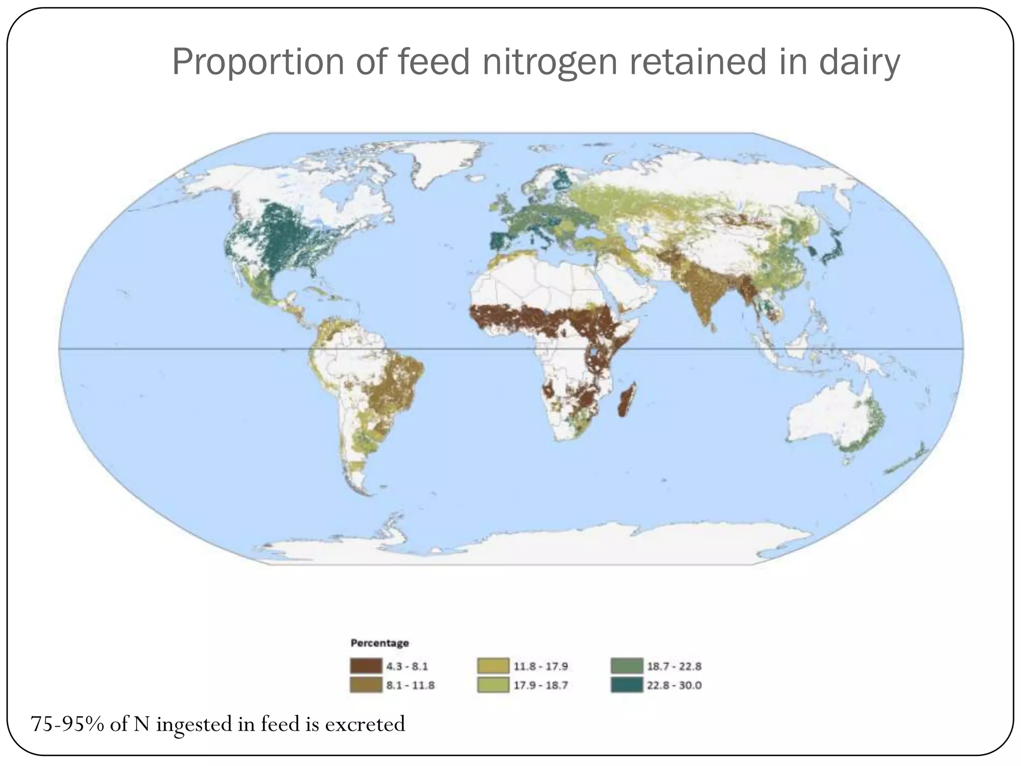 Proportion of feed nitrogen retained in dairy




75-95% of N ingested in feed is excreted
 