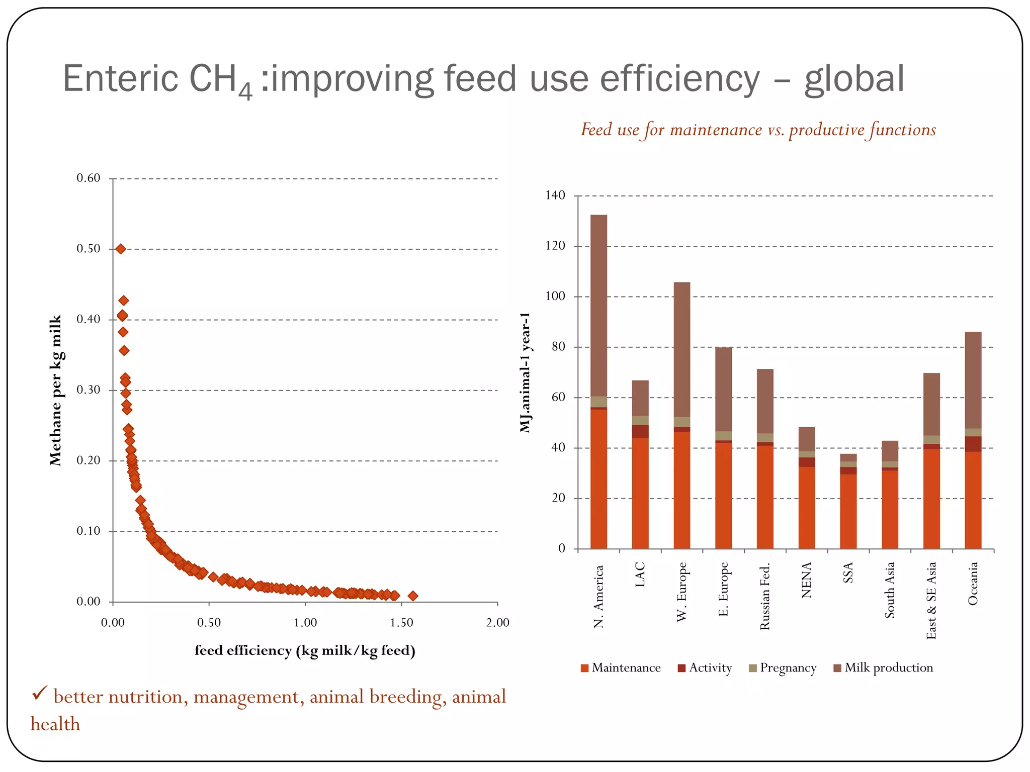 Enteric CH4 :improving feed use efficiency – global
                                                                                                           Feed use for maintenance vs. productive functions

                       0.60
                                                                                                     140


                       0.50                                                                          120


                                                                                                     100
                       0.40




                                                                                MJ.animal-1 year-1
 Methane per kg milk




                                                                                                     80

                       0.30
                                                                                                     60


                                                                                                     40
                       0.20

                                                                                                     20

                       0.10
                                                                                                      0




                                                                                                                                                                      NENA

                                                                                                                                                                             SSA




                                                                                                                                                                                                                 Oceania
                                                                                                                         LAC




                                                                                                                                                                                                East & SE Asia
                                                                                                                                                                                   South Asia
                                                                                                                               W. Europe

                                                                                                                                           E. Europe

                                                                                                                                                       Russian Fed.
                       0.00                                                                                 N. America
                              0.00   0.50          1.00           1.50   2.00
                                     feed efficiency (kg milk/kg feed)
                                                                                                            Maintenance                Activity          Pregnancy           Milk production

 better nutrition, management, animal breeding, animal
health
 