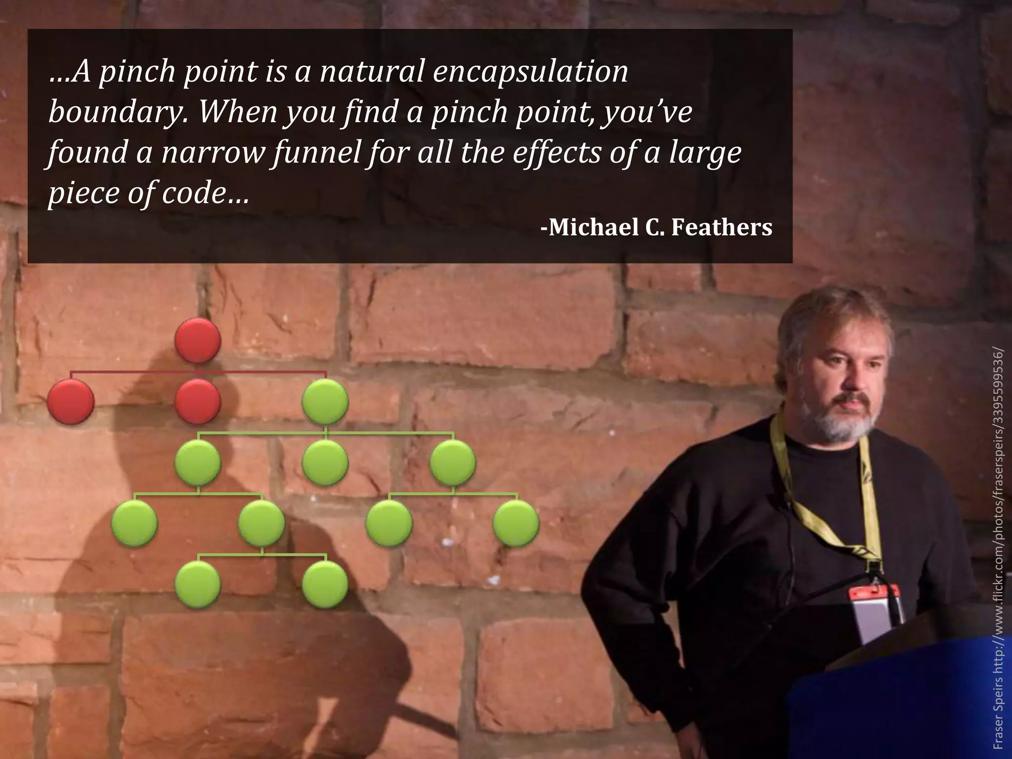FraserSpeirshttp://www.flickr.com/photos/fraserspeirs/3395599536/
…A pinch point is a natural encapsulation
boundary. When you find a pinch point, you’ve
found a narrow funnel for all the effects of a large
piece of code…
-Michael C. Feathers
 