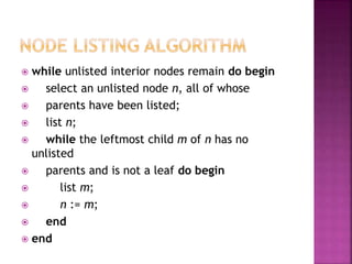  while unlisted interior nodes remain do begin
 select an unlisted node n, all of whose
 parents have been listed;
 list n;
 while the leftmost child m of n has no
unlisted
 parents and is not a leaf do begin
 list m;
 n := m;
 end
 end
 
