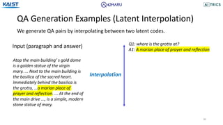 QA Generation Examples (Latent Interpolation)
30
Q1: where is the grotto at?
A1: A marian place of prayer and reflection
We generate QA pairs by interpolating between two latent codes.
Input (paragraph and answer)
Atop the main building’ s gold dome
is a golden statue of the virgin
mary. ... Next to the main building is
the basilica of the sacred heart.
Immediately behind the basilica is
the grotto, ...a marian place of
prayer and reflection. ... At the end of
the main drive ..., is a simple, modern
stone statue of mary.
Interpolation
 