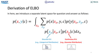 Derivation of ELBO
8
In here, we introduce a separate latent space for question and answer as follows:
Discrete R.V.
(e.g., Categorical Distribution)
Continuous R.V.
(e.g., Gaussian Distribution)
𝑝 𝑥, 𝑦 𝑐 = '
!!
(
!"
𝑝 𝑥 𝑧", 𝑦, 𝑐 𝑝(𝑦|𝑧", 𝑧#, 𝑐)
𝑝 𝑧# 𝑧", 𝑐 𝑝 𝑧" 𝑐 𝑑𝑧"
 