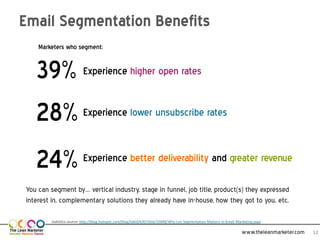 Email Segmentation Benefits
    Marketers who segment:


   39%                    Experience higher open rates


   28%                    Experience lower unsubscribe rates



   24%                    Experience better deliverability and greater revenue

You can segment by… vertical industry, stage in funnel, job title, product(s) they expressed
interest in, complementary solutions they already have in-house, how they got to you, etc.

        statistics source: http://blog.hubspot.com/blog/tabid/6307/bid/32848/Why-List-Segmentation-Matters-in-Email-Marketing.aspx

                                                                                                                      www.theleanmarketer.com   12
 