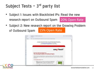 Subject Tests – 3rd party list
• Subject 1: Issues with Blacklisted IPs: Read the new
  research report on Outbound Spam 20% Open Rate
• Subject 2: New research report on the Growing Problem
  of Outbound Spam 15% Open Rate




                                            www.theleanmarketer.com   18
 