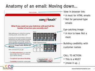 Anatomy of an email: Moving down…
                          View in browser link:
                          • A must for HTML emails
                          • Not for personal-type
                            emails

                          Eye-catching image:
                          • A nice to have. Not a
                            must.
                          Building credibility with
                          customer names

                          CALL TO ACTION:
                          • This is a MUST
                          • (move it up…)
                                  www.theleanmarketer.com   7
 