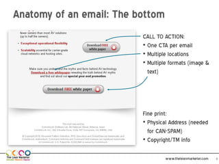 Anatomy of an email: The bottom
                          CALL TO ACTION:
                          • One CTA per email
                          • Multiple locations
                          • Multiple formats (image &
                            text)




                          Fine print:
                          • Physical Address (needed
                            for CAN-SPAM)
                          • Copyright/TM info

                                   www.theleanmarketer.com   8
 