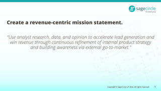 Copyright © SageCircle LLP 2024. All rights reserved.
Create a revenue-centric mission statement.
“Use analyst research, data, and opinion to accelerate lead generation and
win revenue through continuous refinement of internal product strategy
and building awareness via external go-to-market.”
9
 