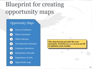 Blueprint for creating
opportunity maps
1

Focus of initiative

2

Select customers

3

Select software

4

Job statement ...