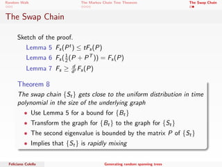 Random Walk The Markov Chain Tree Theorem The Swap Chain 
The Swap Chain 
Sketch of the proof. 
Lemma 5 Fs (Pt )  tFs (P) 
Lemma 6 Fs ( 1 
2 (P + PT )) = Fs (P) 
Lemma 7 Fs  d 
d0 Fs (P) 
Feliciano Colella Generating random spanning trees 
 