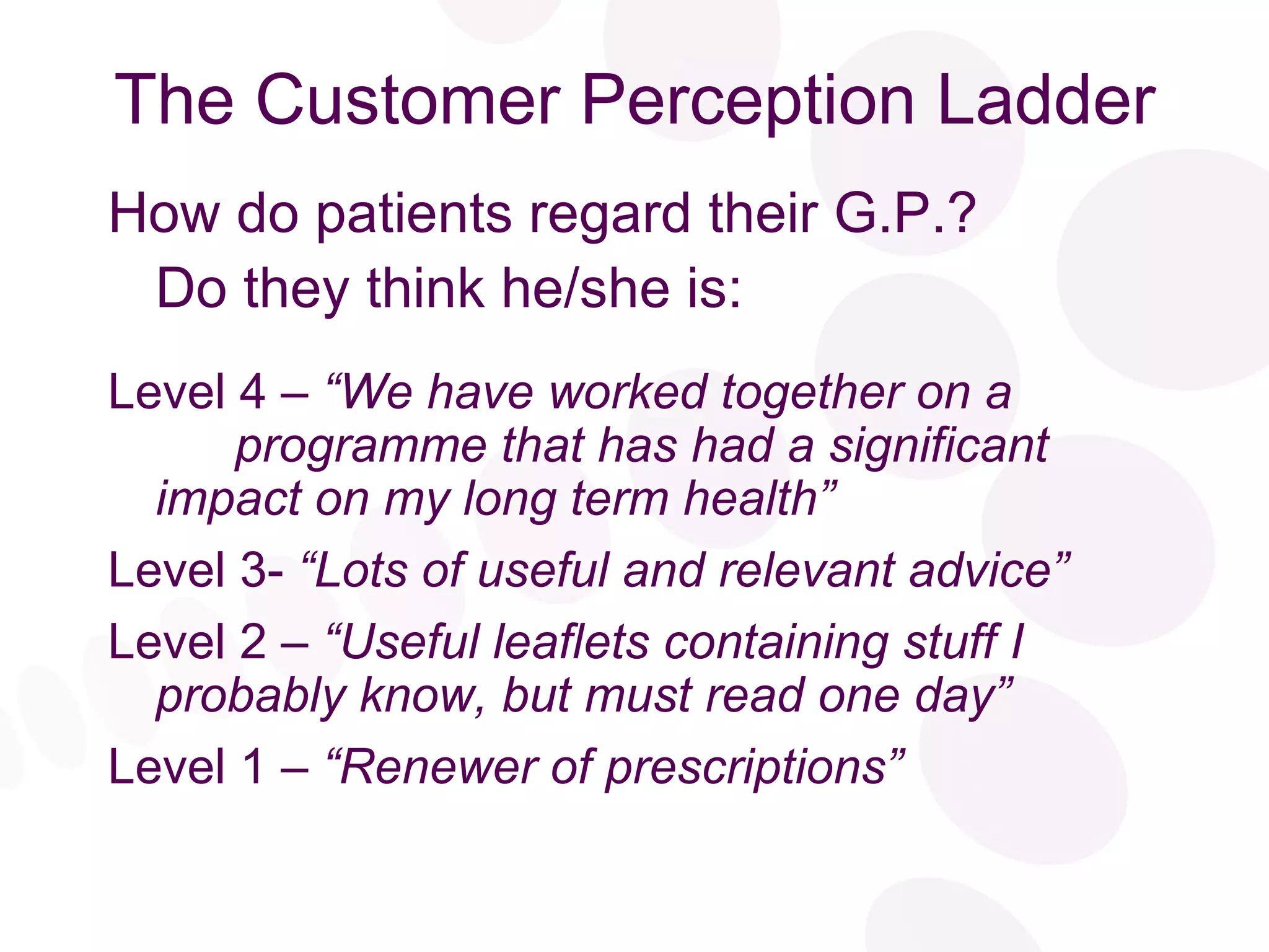 The Customer Perception Ladder How do patients regard their G.P.? Do they think he/she is: Level 4 –  “We have worked together on a  programme that has had a significant  impact on my long term health” Level 3-  “Lots of useful and relevant advice” Level 2 –  “Useful leaflets containing stuff I  probably know, but must read one day” Level 1 –  “Renewer of prescriptions” 