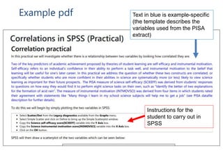 Example pdf
Instructions for the
student to carry out in
SPSS
Text in blue is example-specific
(the template describes the
variables used from the PISA
extract)
 