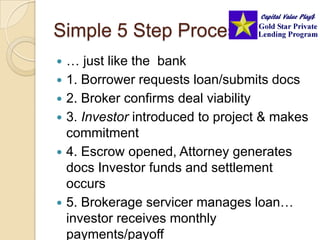Simple 5 Step Process… just like the  bank1. Borrower requests loan/submits docs2. Broker confirms deal viability3. Investor introduced to project & makes commitment4. Escrow opened, Attorney generates docs Investor funds and settlement occurs5. Brokerage servicer manages loan… investor receives monthly payments/payoff
