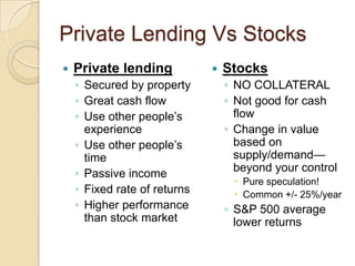 Private Lending Vs StocksPrivate lendingSecured by propertyGreat cash flow Use other people’s experienceUse other people’s timePassive incomeFixed rate of returnsHigher performance than stock marketStocksNO COLLATERALNot good for cash flowChange in value based on supply/demand—beyond your controlPure speculation!Common +/- 25%/yearS&P 500 average lower returns