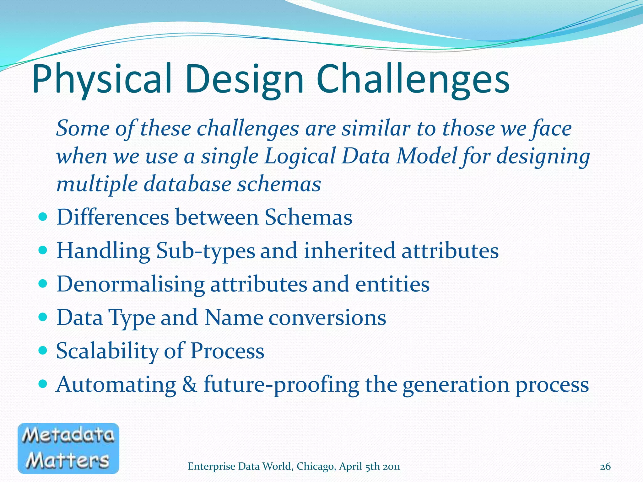Sample Message SchemaThis was generated from the same data model as the type library; it only contains what the message actually needsEnterprise Data World, Chicago, April 5th 201125