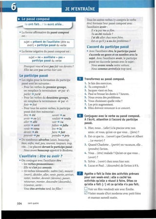 • Le passé composé
Ils orxt fait... / Ils sont allés...
J
• La forme affirmative du passé composé
est :
sujet + présent de l'auxiliaire (être ou
avoir) + participe passé du verbe
• La forme négative du passé composé est
sujet + ne + auxiliaire + pas +
participe passé du verbe
Pourquoi vous n'avez pas fait vos devoirs ?
Elles ne sontpas sorties hier soir.
Le participe passé
• Les règles pour la formation du participe
passé sont les suivantes :
- Pour les verbes du premier groupe,
on remplace la terminaison -er par -é :
parler -* parlé
- Pour les verbes du deuxième groupe,
on remplace la terminaison -ir par -i :
finir-* fini
- Pour tous les autres verbes, le participe
passé doit être mémorisé :
être -* été
avoir -* eu [y]
aller -* allé
sortir -* sorti
venir -* venu
devoir -* dû
pouvoir -* pu
savoir -» su
vouloir -* voulu
voir -* vu
falloir -* fallu
lire -* lu
faire-* fait
prendre -* pris
• De nombreux adverbes (assez, beaucoup,
bien, enfin, mal, peu, souvent, toujours, trop,
vite... ) se placent devant le participe passé :
Nous avons beaucoup apprécié le Biodome.
L'auxiliaire : être ou avoir ?
• On conjugue avec l'auxiliaire être :
- les verbes pronominaux :
Elle ne s'estpas amusée.
- 16 verbes intransitifs : naître (né), mourir
(mort), décéder, aller, venir, partir, arriver,
rester, tomber, devenir (devenu), passer,
retourner, monter, descendre (descendu),
(r)entrer, sortir :
Vous êtes arrivées tard, lesfilles!
Tous les autres verbes (y compris le verbe
être) forment leur passé composé avec
l'auxiliaire avoir :
Il n'a pas vu ce film.
Tu as été malade ?
J'ai dû aller chez mon frère.
Est-ce qu'il y a eu des problèmes ?
L'accord du participe passé
• Avec l'auxiliaire être, le participe passé
s'accorde en genre et en nombre avec le
sujet. Avec l'auxiliaire avoir, le participe
passé ne s'accorde jamais avec le sujet :
Nous avons vendu notre voiture.
Nous sommes arrivé(e)s trop tard.
Transformez au passé composé.
1. Je fais des exercices.
2. Tu comprends ?
3. Jacques vient en bus.
4. Paul se brosse les dents à 7 heures.
5. Nous avons des problèmes.
6. Vous choisissez quelle robe ?
7. Les prix augmentent.
8. Elles doivent renoncer à ce concert.
Conjuguez avec le verbe au passé composé.
À l'écrit, attention à l'accord du participe
passé.
1. Hier, nous ... (aller) à la piscine avec nos
amis ; et vous, qu'est-ce que vous ... (faire) ?
2. Est-ce que tu ... (savoir) que Caroline et Albert
... (se marier) ?
3. Quand Charlotte ... (partir) en vacances, elle ...
(prendre) l'avion.
4. Vous ... (être) malade ? Qu'est-ce que vous ...
(avoir) ?
5. Sylvie ... (venir) chez nous hier soir.
6. Lucas et Paul... (descendre) de l'avion à 8 h.
Agathe a fait la liste des activités prévues
pour son week-end ; elle a coché les
activités qu'elle a réussi à faire. Dites ce
qu'elle a fait (/) et ce qu'elle n'a pas fait.
I—I Voir un film vendredi soir avec Emilie.
béJ Visiter musée d'Art moderne avec petit frère
et maman samedi matin.
104 cent quatre
 