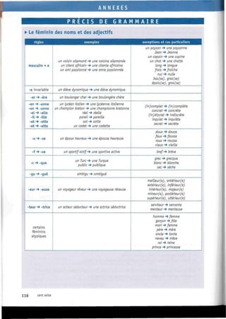A N N E X E S
P R E C I S DE G R A M M A I R E
• Le féminin des noms et des adjectifs
règles exemples exceptions et cas particuliers
masculin + e
-e invariable
-er *» -ère
-en -> -enne
-on -> -onne
-el •* -elle
-il -» -ille
-ot -* -otte
-et •* -ette
-x -> -se
-f -s> -ve
-c -> -que
-gu -> -guë
-eur -» -euse
-teur -» -trice
certains
féminins
atypiques
un 3/O/«î//J allemand -» une voisine allemande
un client africain -» une c/ienre africaine
un ami passionné •* une om/e passionnée
un élève dynamique •* une é/ève dynamique
un boulanger cher -» une boulangère chère
un lycéen italien •* une lycéenne italienne
un champion breton -* une championne bretonne
réel -» rée//e
pure/7 •* pareille
sot -> sotte
un cobet •* une cadette
un époux heureux -» une épouse heureuse
un sportif actif -» une sportive active
un Turc -» une Turque
public -* publique
ambigu -* ambiguë
un voyageur rêveur -» une voyogeuse rêveuse
un acteur séducteur -» une ucin'ce séductrice
un paysan -» une paysanne
Jean -» Jeanne
un copain H» une copine
un chat -» une criotte
/ong ** /ongue
/ra/'s -> fraîche
nul •* nu/te
bas(se), gras(se)
épais(se), gros(se)
(in)complet -» (in)complète
concret -* concrète
(in) discret -» indiscrète
inquiet -> inquiète
secret -> secrète
boux -s* bouce
/oux -> fausse
roux -» rousse
vieux -» vie/7/e
bref -^ brève
grec -» grecque
blanc -* blanche
sec -» sècrie
meilleur(e), antérieur(e)
extérieur(e), inférieur(e)
intérieur(e), majeur(e)
mineur(e), postérieur(e)
supérieur(e), ultérieur (e)
serviteur -> servante
menteur -» menteuse
homme -^ femme
garçon -* /nV/e
mon -* femme
père -* mère
oncie *• tonte
neveu -> nièce
roi -» reine
prince -» princesse
116 cent seize
 