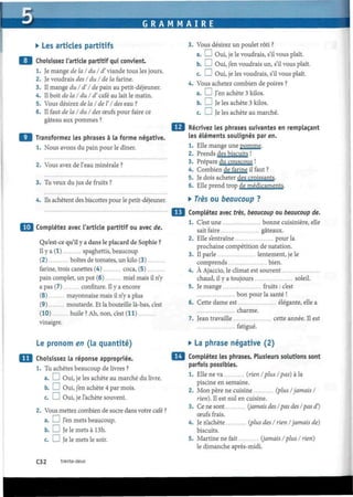 G R A M M A I R E
• Les articles partitifs
Choisissez l'article partitif qui convient.
1. Je mange de la I du I d'viande tous les jours.
2. Je voudrais des I du I de la farine.
3. Il mange du / d'/ de pain au petit-déjeuner.
4. Il boit de la I du I d'café au lait le matin.
5. Vous désirez de la Idel'7 des eau ?
6. Il faut de lai du I des œufs pour faire ce
gâteau aux pommes ?
Transformez les phrases à la forme négative.
1. Nous avons du pain pour le dîner.
2. Vous avez de l'eau minérale ?
3. Tu veux du jus de fruits ?
4. Ils achètent des biscottes pour le petit-déjeuner.
| Complétez avec l'article partitif ou avec de.
Qu'est-ce qu'il y a dans le placard de Sophie ?
Il y a (1) spaghettis, beaucoup
(2) boîtes de tomates, un kilo (3)
farine, trois canettes (4) coca, (5)
pain complet, un pot (6) miel mais il n'y
a pas (7) confiture. Il y a encore
(8) mayonnaise mais il n'y a plus
(9) moutarde. Et la bouteille là-bas, c'est
(10) huile? Ah, non, c'est (11)
vinaigre.
Le pronom en (la quantité)
Choisissez la réponse appropriée.
1. Tu achètes beaucoup de livres ?
a. I I Oui, je les achète au marché du livre.
b. I I Oui, j'en achète 4 par mois.
c. I I Oui, je l'achète souvent.
2. Vous mettez combien de sucre dans votre café ?
a. I I J'en mets beaucoup.
b. I I Je le mets à 13h.
c. I ! Je le mets le soir.
3. Vous désirez un poulet rôti ?
a. I I Oui, je le voudrais, s'il vous plaît.
b. I I Oui, j'en voudrais un, s'il vous plaît.
c. I I Oui, je les voudrais, s'il vous plaît.
4. Vous achetez combien de poires ?
a. I I J'en achète 3 kilos.
b. I I Je les achète 3 kilos.
c. I I Je les achète au marché.
Récrivez les phrases suivantes en remplaçant
les éléments soulignés par en.
1. Elle mange une pomme.
2. Prends des biscuits !
3. Prépare du couscous !
4. Combien de farine il faut ?
5. Je dois acheter des croissants.
6. Elle prend trop de médicaments.
• Très ou beaucoup ?
Complétez avec très, beaucoup ou beaucoup de.
1. C'est une bonne cuisinière, elle
sait faire gâteaux.
2. Elle s'entraîne pour la
prochaine compétition de natation.
3. Il parle lentement, je le
comprends bien.
4. À Ajaccio, le climat est souvent
chaud, il y a toujours soleil.
5. Je mange fruits : c'est
bon pour la santé !
6. Cette dame est élégante, elle a
charme.
7. Jean travaille cette année. Il est
fatigué.
• La phrase négative (2)
Complétez les phrases. Plusieurs solutions sont
parfois possibles.
1. Elle ne va (rien /plus /pas) à la
piscine en semaine.
2. Mon père ne cuisine (plus /jamais I
rien). Il est nul en cuisine.
3. Ce ne sont (jamais des /pas des /pas d/)
œufs frais.
4. Je n'achète (plus des / rien /jamais de)
biscuits.
5. Martine ne fait (jamais /plus I rien)
le dimanche après-midi.
C32 trente-deux
 