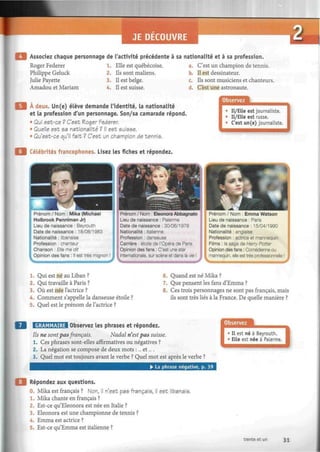 JE DECOUVRE
Associez chaque personnage de l'activité précédente à sa nationalité et à sa profession.
Roger Fédérer
Philippe Geluck
Julie Payette
Amadou et Mariam
1. Elle est québécoise.
2. Ils sont maliens.
3. Il est belge.
4. Il est suisse.
a. C'est un champion de tennis.
b. Il est dessinateur.
c. Ils sont musiciens et chanteurs.
d. C'est une astronaute.
À deux. Un(e) élève demande l'identité, la nationalité
et la profession d'un personnage. Son/sa camarade répond.
• Qui est-ce ? C'est Roger Fédérer.
• Quelle est sa nationalité ? Il est suisse.
• Qu'est-ce qu'il fait ? C'est un champion de tennis.
Il/Elle est journaliste.
Il/Elle est russe.
C'est un(e) journaliste.
Célébrités francophones. Lisez les fiches et répondez.
Prénom / Nom : Mika (Michael
Holbrook Penniman Jr)
Lieu de naissance : Beyrouth
Date de naissance : 18/08/1983
Nationalité : libanaise
Profession : chanteur
Chanson : Elle me dit
Opinion des fans : Il est très mignon !
Prénom / Nom : Eleonora Abbagnato
Lieu de naissance : Palerme
Date de naissance : 30/06/1978
Nationalité : italienne
Profession : danseuse
Carrière : étoile de l'Opéra de Paris
Opinion des fans : C'est une star
internationale, sur scène et dans la vie !
Prénom / Nom : Emma Watson
Lieu de naissance : Paris
Date de naissance : 15/04/1990
Nationalité : anglaise
Profession : actrice et mannequin
Films : la saga de Harry Potier
Opinion des fans : Comédienne ou
mannequin, elle est très professionnelle !
1. Qui est né au Liban ?
2. Qui travaille à Paris ?
3. Où est née l'actrice ?
4. Comment s'appelle la danseuse étoile ?
5. Quel est le prénom de l'actrice ?
6. Quand est né Mika ?
7. Que pensent les fans d'Emma ?
8. Ces trois personnages ne sont pas français, mais
ils sont très liés à la France. De quelle manière ?
GRAMMAIRE Observez les phrases et répondez.
Ils ne sont pas français. Nadal n'est pas suisse.
1. Ces phrases sont-elles affirmatives ou négatives ?
2. La négation se compose de deux mots :... et....
3. Quel mot est toujours avant le verbe ? Quel mot est après le verbe ?
• La phrase négative, p. 39
Répondez aux questions.
0. Mika est français ? Non, il n'est pas français, il est libanais.
1. Mika chante en français ?
2. Est-ce qu'Eleonora est née en Italie ?
3. Eleonora est une championne de tennis ?
4. Emma est actrice ?
5. Est-ce qu'Emma est italienne ?
Observez
Il est né à Beyrouth.
Elle est née à Palerme.
trente et un 31
 