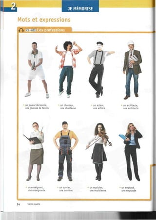 Mots et expressions
mmrn Les professions
* #6?,
f
" un joueur de tennis,
une joueuse de tennis
un enseignant,
une enseignante
un chanteur,
une chanteuse
un ouvrier,
une ouvrière
un acteur,
une actrice
un architecte,
une architecte
un musicien,
une musicienne
un employé,
une employée
l
34 trente-quatre
 