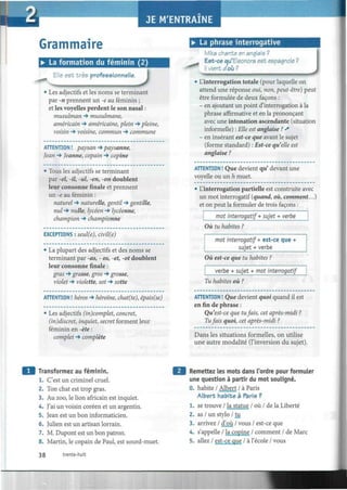 í
Grammaire
• La formation du féminin (2)
Elle est très professionnelle.
J• Les adjectifs et les noms se terminant
par -n prennent un -e au féminin ;
et les voyelles perdent le son nasal :
musulman -» musulmane,
américain -> américaine, plein -» pleine,
voisin -* voisine, commun -» commune
ATTENTION ! paysan -» paysanne,
Jean -» Jeanne, copain -» copine
• Tous les adjectifs se terminant
par -eZ, -ZZ, -«Z, -en, -on doublent
leur consonne finale et prennent
un -e au féminin :
naturel -* naturelle, gentil -» gentille,
nul -» nnZZe, lycéen '-* lycéenne,
champion -* championne
EXCEPTIONS : sea/(e), czvzZfe)
• La plupart des adjectifs et des noms se
terminant par -as, - os, -eí, -oí doublent
leur consonne finale :
¿ras •* grasse, gros -» grosse,
violet -» violette, sot -» sorte
ATTENTION ! ñeros -» héroïne, chat(te), épais(se)
• Les adjectifs (in)complet, concret,
(in)discret, inquiet, secret forment leur
féminin en -èfe :
complet -> complète
• La phrase interrogativo
Mlka chante en anglais ?
Est-ce ou'Eleonora est espagnole ?
Il vient d'où ?
L'interrogation totale (pour laquelle on
attend une réponse ouz, non, peut-être) peut
être formulée de deux façons :
- en ajoutant un point d'interrogation à la
phrase affirmative et en la prononçant
avec une intonation ascendante (situation
informelle) : Elle est anglaise ? *
- en insérant est-ce que avant le sujet
(forme standard) : Est-ce qu'elle est
anglaise ?
ATT!
voy
iNTION ! Que devient qu' devant une
• L'interrogation partielle est construite avec
un mot interrogatif (quand, où, comment...)
et on peut la formuler de trois façons :
mot interrogatif + sujet + verbe
Où tu habites ?
mot interrogatif + est-ce que +
sujet + verbe
Où est-ce que tu habites ?
verbe + sujet + mot interrogatif
Eu habites où ?
ATTENTION ! Que devient quoi quand il est
en fin de phrase :
Qu'est-ce que tufáis, cet après-midi ?
Tufáis quoi, cet après-midi ?
Dans les situations formelles, on utilise
une autre modalité (l'inversion du sujet).
Transformez au féminin.
1. C'est un criminel cruel.
2. Ton chat est trop gras.
3. Au zoo, le lion africain est inquiet.
4. J'ai un voisin coréen et un argentin.
5. Jean est un bon informaticien.
6. Julien est un artisan lorrain.
7. M. Dupont est un bon patron.
8. Martin, le copain de Paul, est sourd-muet.
Remettez les mots dans l'ordre pour formuler
une question à partir du mot souligné.
0. habite / Albert / à Paris
Albert habite à Paris ?
1. se trouve / la statue / où / de la Liberté
2. as / un stylo / tu
3. arrivez / d'où / vous / est-ce que
4. s'appelle / la copine / comment / de Marc
5. allez / est-ce que / à l'école / vous
38 trente-huit
 