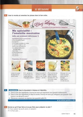 JE DECOUVRE
Lisez la recette et remettez les phases dans le bon ordre.
La cuisine d'une parisienne d'adoption
Ma spécialité :
l'omelette mexicaine
(elle est vraiment délicieuse !)
Ingrédients (pour 6 personnes) :
• une douzaine d'œufs
•2 oignons
• 3 tomates coupées en cubes
• 1 poivron rouge ou vert
• 200 g de champignons
• un paquet (250 g) de
fromage râpé
• de l'huile
• une pincée de sel
• du poivre
•du piment
Préparation (15 minutes) :
Lavez et coupez
les légumes en
petits cubes.
Enfin, ajoutez du
piment mais n'en
mettez pas trop !
Il faut servir chaud
Faites-les sauter 5
minutes à la poêle
dans un peu d'huile.
Attention : pas de
beurre !
Pour commencer,
cassez les œufs
dans un saladier,
fouettez avec une
fourchette, salez
et poivrez.
Mélangez bien puis
versez les œufs
battus avec le
fromage.
Faites cuire 5
minutes de plus.
GRAMMAIRE Lisez le document ci-dessus et répondez.
1. Dans la liste des ingrédients, trouvez les mots qui expriment une quantité indéterminée.
2. Dans la liste des ingrédients et dans la recette, trouvez les mots qui indiquent une quantité. Que
trouve-t-on devant le nom ?
3. Découvrez comment on exprime une quantité nulle (0).
• Les articles partitifs, p. 86
mQu'est-ce qu'il faut faire et ne pas faire pour préparer ce plat ?
• Il faut casser les œufs dans un saladier.
• Il ne faut pas ...
quatre-vingt-un 81
 