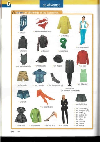 JE MEMORISE
Les vêtements et les accessoires
un jean
les sous-vêtements (m.)
un anorak
un manteau
i un blouson une echarpe
un maillot de bain u n e
casquette un chapeau
un bermuda une chemise des chaussettes (f.)
un survêtement
un pull
un débardeur
un costume
(un pantalon + une veste)
• un short

les collants (m.
â¡tP
une robe un chemisier
«4»
les bas (m.) un tailleur
• une (mini-)jupe
9
des chaussures (f.)
'- des escarpins (m.)
des bottes (f.)
des baskets (f.)
des tennis (f.)
des bijoux
8
une ceinture
une cravate
une montre
100 cen
t
 