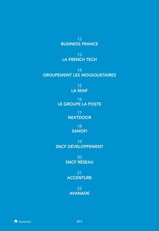 12
BUSINESS FRANCE
13
LA FRENCH TECH
14
GROUPEMENT LES MOUSQUETAIRES
15
LA MAIF
16
LE GROUPE LA POSTE
17
NEXTDOOR
18
SANOFI
19
SNCF DÉVELOPPEMENT
20
SNCF RÉSEAU
21
ACCENTURE
22
AVANADE
011Sommaire
 