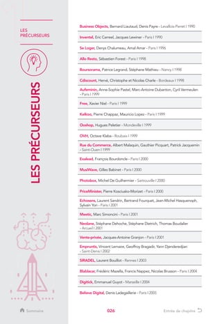 LES
PRÉCURSEURS
026
Business Objects, Bernard Liautaud, Denis Payre - Levallois-Perret I 1990
Inventel, Eric Carreel, Jacques Lewiner - Paris I 1990
Se Loger, Denys Chalumeau, Amal Amar - Paris I 1996
Allo Resto, Sébastien Forest - Paris I 1998
Boursorama, Patrice Legrand, Stéphane Mathieu - Nancy I 1998
Cdiscount, Hervé, Christophe et Nicolas Charle - Bordeaux I 1998
Aufeminin, Anne-Sophie Pastel, Marc-Antoine Dubanton, Cyril Vermeulen
- Paris I 1999
Free, Xavier Niel - Paris I 1999
Kelkoo, Pierre Chappaz, Mauricio Lopez - Paris I 1999
Ooshop, Hugues Peletier - Mondeville I 1999
OVH, Octave Klaba - Roubaix I 1999
Rue du Commerce, Albert Malaquin, Gauthier Picquart, Patrick Jacquemin
- Saint-Ouen I 1999
Exalead, François Bourdoncle - Paris I 2000
MusiWave, Gilles Babinet - Paris I 2000
Photobox, Michel De Guilhermier - Sartrouville I 2000
PriceMinister, Pierre Kosciusko-Morizet - Paris I 2000
Echosens, Laurent Sandrin, Bertrand Fourquet, Jean-Michel Hasquenoph,
Sylvain Yon - Paris I 2001
Meetic, Marc Simoncini - Paris I 2001
Neolane, Stéphane Dehoche, Stéphane Dietrich, Thomas Boudalier
- Arcueil I 2001
Vente-privée, Jacques-Antoine Granjon - Paris I 2001
Empruntis, Vincent Lemaire, Geoffroy Bragadir, Yann Djenderedjian
- Saint-Denis I 2002
SIRADEL, Laurent Bouillot - Rennes I 2003
Blablacar, Frédéric Mazella, Francis Nappez, Nicolas Brusson - Paris I 2004
Digitick, Emmanuel Guyot - Marseille I 2004
Believe Digital, Denis Ladegaillerie - Paris I 2005
LESPRÉCURSEURS
Sommaire Entrée de chapitre
 