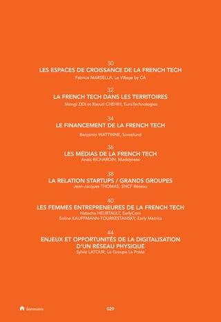 30
LES ESPACES DE CROISSANCE DE LA FRENCH TECH
Fabrice MARSELLA, Le Village by CA
32
LA FRENCH TECH DANS LES TERRITOIRES
Mongi ZIDI et Raouti CHEHIH, EuraTechnologies
34
LE FINANCEMENT DE LA FRENCH TECH
Benjamin WATTINNE, Sowefund
36
LES MÉDIAS DE LA FRENCH TECH
Anaïs RICHARDIN, Maddyness
38
LA RELATION STARTUPS / GRANDS GROUPES
Jean-Jacques THOMAS, SNCF Réseau
40
LES FEMMES ENTREPRENEURES DE LA FRENCH TECH
Natacha HEURTAULT, EarlyCom
Soline KAUFFMANN-TOURKESTANSKY, Early Metrics
44
ENJEUX ET OPPORTUNITÉS DE LA DIGITALISATION
D’UN RÉSEAU PHYSIQUE
Sylvie LATOUR, Le Groupe La Poste
029Sommaire
 