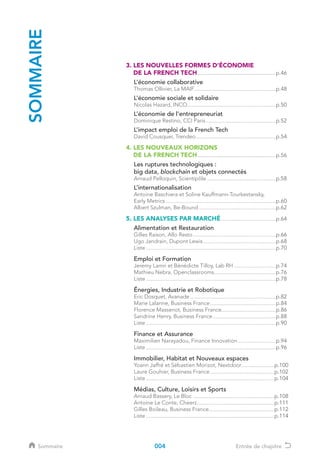 3. LES NOUVELLES FORMES D’ÉCONOMIE
DE LA FRENCH TECH....................................................p.46
L’économie collaborative
Thomas Ollivier, La MAIF..........................................................p.48
L’économie sociale et solidaire
Nicolas Hazard, INCO...............................................................p.50
L’économie de l'entrepreneuriat
Dominique Restino, CCI Paris..................................................p.52
L’impact emploi de la French Tech
David Cousquer, Trendeo.........................................................p.54
4. LES NOUVEAUX HORIZONS
DE LA FRENCH TECH....................................................p.56
Les ruptures technologiques :
big data, blockchain et objets connectés
Arnaud Pelloquin, Scientipôle.................................................p.58
L’internationalisation
Antoine Baschiera et Soline Kauffmann-Tourkestansky,
Early Metrics..............................................................................p.60
Albert Szulman, Be-Bound.......................................................p.62
5. LES ANALYSES PAR MARCHÉ.......................................p.64
Alimentation et Restauration
Gilles Raison, Allo Resto...........................................................p.66
Ugo Jandrain, Dupont Lewis....................................................p.68
Liste............................................................................................p.70
Emploi et Formation
Jeremy Lamri et Bénédicte Tilloy, Lab RH..............................p.74
Mathieu Nebra, Openclassrooms............................................p.76
Liste............................................................................................p.78
Énergies, Industrie et Robotique
Eric Dosquet, Avanade.............................................................p.82
Marie Lalanne, Business France...............................................p.84
Florence Massenot, Business France......................................p.86
Sandrine Henry, Business France.............................................p.88
Liste............................................................................................p.90
Finance et Assurance
Maximilien Narayadou, Finance Innovation...........................p.94
Liste............................................................................................p.96
Immobilier, Habitat et Nouveaux espaces
Yoann Jaffré et Sébastien Morizot, Nextdoor.......................p.100
Laure Gouhier, Business France..............................................p.102
Liste...........................................................................................p.104
Médias, Culture, Loisirs et Sports
Arnaud Bassery, Le Bloc..........................................................p.108
Antoine Le Conte, Cheerz.......................................................p.111
Gilles Boileau, Business France..............................................p.112
Liste...........................................................................................p.114
SOMMAIRE
004Sommaire Entrée de chapitre
 