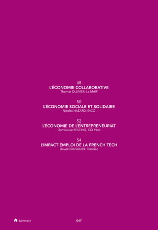 48
L’ÉCONOMIE COLLABORATIVE
Thomas OLLIVIER, La MAIF
50
L’ÉCONOMIE SOCIALE ET SOLIDAIRE
Nicolas HAZARD, INCO
52
L’ÉCONOMIE DE L’ENTREPRENEURIAT
Dominique RESTINO, CCI Paris
54
L’IMPACT EMPLOI DE LA FRENCH TECH
David COUSQUER, Trendeo
047Sommaire
 