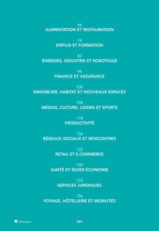 66
ALIMENTATION ET RESTAURATION
74
EMPLOI ET FORMATION
82
ÉNERGIES, INDUSTRIE ET ROBOTIQUE
94
FINANCE ET ASSURANCE
100
IMMOBILIER, HABITAT ET NOUVEAUX ESPACES
108
MÉDIAS, CULTURE, LOISIRS ET SPORTS
118
PRODUCTIVITÉ
126
RÉSEAUX SOCIAUX ET RENCONTRES
132
RETAIL ET E-COMMERCE
140
SANTÉ ET SILVER ÉCONOMIE
152
SERVICES JURIDIQUES
156
VOYAGE, HÔTELLERIE ET MOBILITÉS
065Sommaire
 