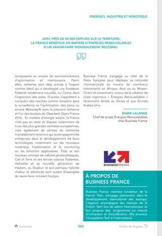 085
composants ou encore de services/solutions
d’optimisation et maintenance. Parmi
elles, certaines sont déjà actives à l’export
comme Ideol qui a développé une fondation
flottante totalement nouvelle, ou Cornis dans
l’inspection des pales. D’autres s’apprêtent à
conquérir des marchés comme Sereema dans
la surveillance et l’optimisation des parcs ou
encore Meteoswift dans la prévision éolienne
et l’un des lauréats du Cleantech Open France
2016. En matière d’énergie solaire, la France
n’est pas en reste et dispose notamment de
l’une des plus grandes centrales européennes,
mais également de centres de recherche
mondialement reconnus qui accompagnent les
entreprises dans le développement de leurs
technologies notamment sur les nouveaux
matériaux, l’optimisation et le monitoring
ou les fonctions applicatives. S’tile et son
nouveau concept de cellules photovoltaïques,
Ciel et Terre et ses fermes solaires flottantes,
Helioslite et sa nouvelle génération de
trackers, ou Dualsun et son panneau hybride
chaleur et électricité sont autant d’exemples
du savoir-faire innovant français.
Business France s’engage au côté de la
filière française pour déployer sa notoriété
internationale au travers de nombreux
événements en Afrique, Asie ou au Moyen-
Orient et notamment, autour de la création de
clubs régionaux « Énergies Renouvelables »
récemment lancés au Kenya et aux Émirats
Arabes Unis.
AVEC PRÈS DE 80 000 EMPLOIS SUR LE TERRITOIRE,
LA FRANCE BÉNÉFICIE EN MATIÈRE D’ÉNERGIES RENOUVELABLES
D’UN SAVOIR-FAIRE MONDIALEMENT RECONNU.
MARIE LALANNE
Chef de projet Énergies Renouvelables
chez Business France
ÉNERGIES, INDUSTRIE ET ROBOTIQUE
À PROPOS DE
BUSINESS FRANCE
Business France, membre fondateur de la
French Tech, s’engage pleinement dans le
développement international des startups.
L’Agence accompagne des startups de la
French Tech lors de salons internationaux et
leur propose des programmes sur mesure
d’immersion et d’accélération. Elle promeut
l’écosystème Tech à l’international.
Sommaire Entrée de chapitre
 